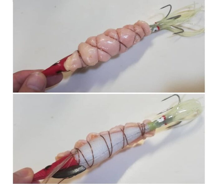 タコエギにエサの鶏皮をセット